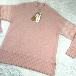NEW//WOOLOVERS •L• Wool/Mohair Ribbed Fair Isle Sleeve Jumper Sweater Pink/Cream